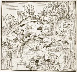 The Divining Rod, de Bergwerk Buch, de Georg Agricola, Frankfurt 1580, ilustrado em History of Magic, publicado no final do século XIX