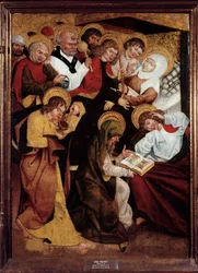 A Dormition of the Virgin Painting da Escola Alemã. Século XV. Museu de Belas Artes de Metz.