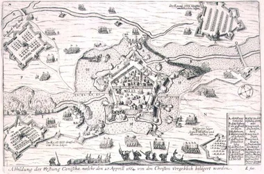 A Fortaleza de Canischa sitiada em vão pelos cristãos em 1664, ilustração de um livro sobre as campanhas otomanas na Europa, gravado por Paul Furst (c.1605-66) (gravura)