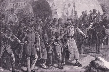 O exército francês deixando Metz, Cassells História da Guerra entre a França e a Alemanha publicado pela Cassell and Company Limited, c.1890 (litho)