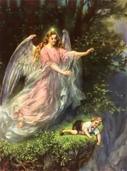O anjo da guarda. Cromolitografia alemã do final do século XIX.