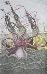 O Kraken arrasta para baixo um navio (gravação colorida)