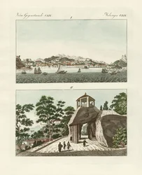 A colónia portuguesa de Macau na China (gravura a cores)