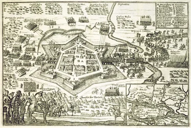 O cerco de Neuhausel pelos turcos em 1663, ilustração de um livro sobre as campanhas otomanas na Europa, gravado por Paul Furst (c.1605-66)