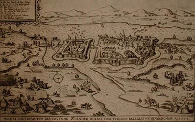 O Cerco de Zolnock pelos turcos em 1552, ilustração de um livro sobre as campanhas otomanas na Europa, gravado por Paul Furst (c.1605-66) (gravura)