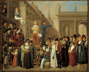 O espectáculo de rua Stage Scene com músicos e comediantes. Pintura da Escola Alemã do século XIX. Paris, Musee Cognacq Jay
