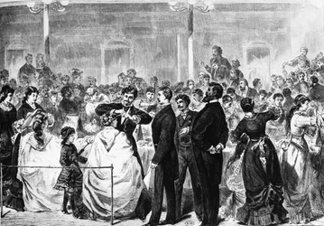 O exame de aprendizes no Tonhalle, Berlim, por um comitê da indústria de cabeleireiro em 3 de maio de 1881