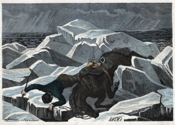 A queda do Conde Sandor e do seu cavalo sobre o gelo quebrado do Danúbio. Em "Wenn Jemand eine Reise thut, so kann erzahlen" (Quando alguém viaja, isto é o que ele pode dizer), conto alemão de Franz Wiedemann