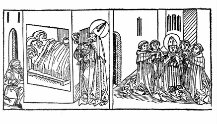 A vida de São Nicolau despertou. Gravura de "Leben der Heiligen - sommerteil" (O livro do santo) de Jacobus (Tiago) de Voragine (1228-1298). Lubeck 1488.