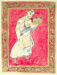 O monge Ruodprehet apresentando seu livro, do Saltério de Egbert, Arcebispo de Trier