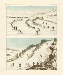 O regimento de patinadores na Noruega (gravura colorida)