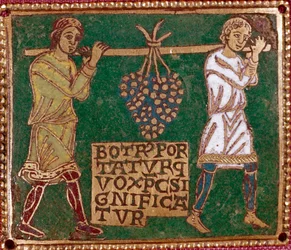 O regresso de Josué e Caleb com um enorme cacho de uvas da terra de Canaã, a Terra Prometida