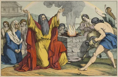 O sacrifício de Noé, ilustração de LAncien Testament, publicado por Jakob Ferdinand Schreiber, Esslingen (gravura a cores)