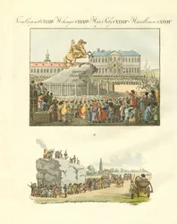 A estátua de Pedro O Grande a cavalo em São Petersburgo (gravura colorida)