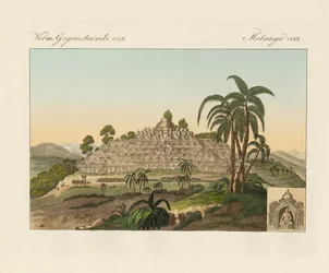 O templo de Buda de Borobudur em Java (gravura colorida)