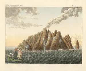 A ilha vulcânica de São João Teologo (gravura colorida)