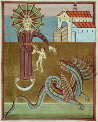 A mulher vestida com o sol sendo atacado pelo dragão com sete cabeças, fac-símile do Apocalipse de Bamberg