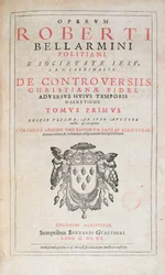 Página de título de De Controversiis de Robert Bellarmine, edição publicada em Colônia em 1620 (impresso)