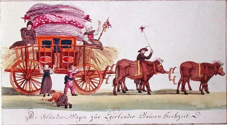 Transporte de um leito matrimonial após o casamento de agricultores de Eger (agora Ched) na Boémia (agora República Checa) (aguarela no papel)