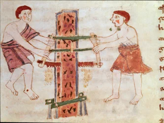 Dois homens viram um tronco de mármore (miniatura, século IX)