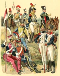 Uniformes das tropas francesas na época de Napoleão I, de "Meyers Lexicon", publ. 1930 (litografia a cores)