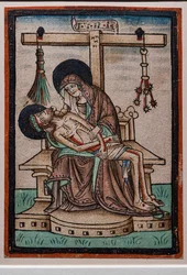 Vesperbild (Lamentação),aguarela cortada por gravador alemão, c.1450. Os símbolos de Christs Passion pendurados na cruz.