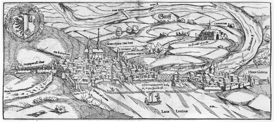 Vista de Genebra, da Cosmographie Universelle por Sebastien Munster (1488-1552) Basel, publicado em 1559