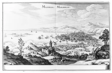 Vista de Marselha, de Topographia Galliae, de Martin Zeiller, publicada em 1655-61