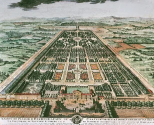 Vista do jardim do Castelo de Herrenhausen, cerca de 1708, impressão a cores, Alemanha