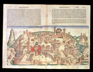 Vista da cidade de Jerusalém, da Crônica de Nuremberg por Hartmann Schedel (1440-1514) 1493