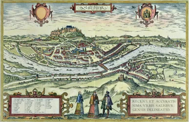 Vista da cidade de Salzburgo nas margens do rio Salzach com o castelo de Honensalzburg ao fundo, a partir de "Antigas Cenas da Cidade Europeia" (gravura)
