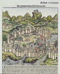 Vista da cidade murada de Constantinopla, do Nuremberg Chronicle por Hartmann Schedel (1440-1514) 1493 (woodblock)