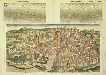 Vista da cidade muralhada de Florença, da Crónica de Nuremberga de Hartmann Schedel (1440-1514), 1493