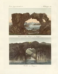 Arcos vulcânicos e cavernas (gravura colorida)