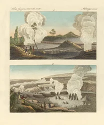 Vulcões na Ilha do Havaí (gravura colorida)