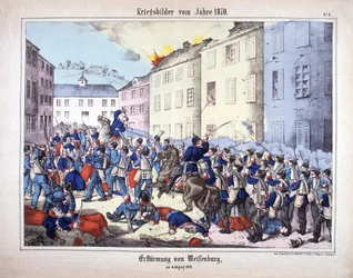 Guerra de 1870: A Captura de Wissembourg (Batalha de Weissenburg) entre os soldados do exército prussiano e os franceses, em 4 de agosto de 1870