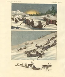 Viagens de inverno na Lapónia (gravura colorida)
