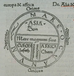 f.177v Mapa T-in-O, com nomes de lugares em tipografia, de Isidoro de Sevilha, Liber Etimologiarvm