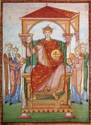 Otão III (980-1002), imperador germânico, recebendo a homenagem das nações. Miniatura do manuscrito «Evangeliário de Otão III», finais do século X. Chantilly, Museu Condé