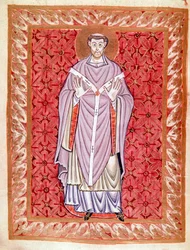 Representação de São Nizier de Lyon (513-573) (Nicet, Nicetius ou Nicetus) Miniatura do Codex de Egbert (Codex Egberti) pela escola de Reichenau, por volta de 980