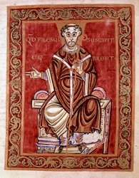 A Eveque Egbert de Treves recebe o saltério das mãos do monge Rudprecht (não representado aqui) - Miniatura do Codex de Egbert (Codex Egberti) pela escola de Reichenau, 980 - Cividale del friuli, museo archeologico ou Cathedrale de Civid