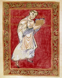 O monge Ruodprecht leva o manuscrito para o arco Egbert de Treves (977-993) Miniatura do Codex de Egbert (Codex Egberti) pela escola de Reichenau. Cividale del Friuli, Museo Archeologico ou Cathedrale de Cividale