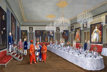 Sala de jantar com série de retratos de imperadores Habsburgo, pintura de Josef Kiss, Villa Lazarovich, residência em Trieste de Maximiliano de Habsburgo (1832-1867), têmpera de Germano Prosdocimi