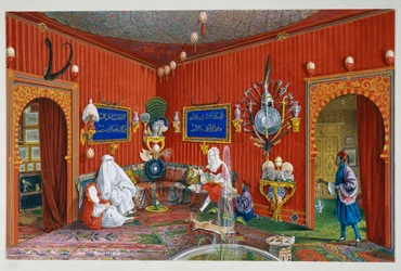 Sala oriental em Villa Lazarovich, residência Trieste de Maximilian dos Habsburgos (1832-1867), tempera por Germano Prosdocimi