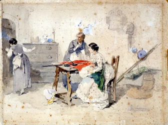 Mulheres milanesas fazem a bandeira tricolor italiana. Aquarela de Gerolamo (Girolamo) Induno (1825 - 1890). Milão, Museu do Resorgimento.