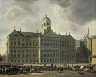 Vista da barragem com a nova prefeitura, o Nieuwe Kerk e o Waag, Amsterdã