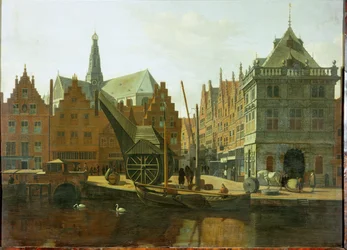 Porto de Haarlem com balanças públicas e o campanário de Saint Bavon ao fundo