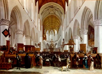 Interior de uma igreja. Pintura de Gerrit Berckheyde (1638-1698), pintor holandês. Londres, Galeria Narional