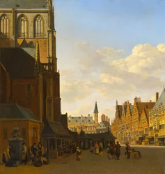 O mercado do peixe e a Grote Kerk em Haarlem, c. 1675-1680