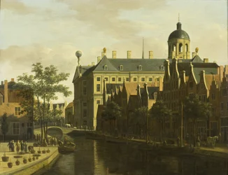O Nieuwezijds Voorburgwal com o Mercado de Flores e Árvores em Amsterdã, c.1675
